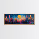 Neon Moon Fantasy Canvas Print - Vibrant Sci-Fi Cityscape Painting, Psychedelic Wall Art, Trippy Room Aesthetic, Urban Decor