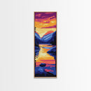 Lake Reflection, Sunset Glow, Mountain Scene, Peaceful Nature, Rustic Decor, Serene View, Living Room, Framed Canvas Print