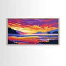 Serene River Sunset, Framed Canvas Print, Peaceful Landscape Art, Vibrant Nature Painting, Cabin Decor, Boho Aesthetic, Office Art