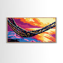 Hammock by Water, Sunset Serenity, Framed Canvas Print, Relaxing Boho Art, Coastal Home Decor, Tranquil Wall Scene, Warm Colors