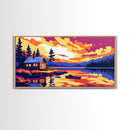 Cabin Lake, Sunset Reflection, Framed Canvas Print, Cozy Cottage Wall Art, Nature Landscape Painting, Fall Vibes, Living Room Art