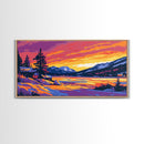 Snowy Sunset, Cabin Art, Winter Landscape, Cozy Lodge Decor, Scenic Mountain View, Rustic Living Room, Framed Canvas Print