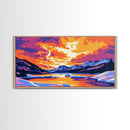 Frozen River, Mountain Sunset, Winter Landscape, Nature Wall Art, Cozy Home Aesthetic, Seasonal Framed Canvas Print