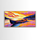 Canoe Sunset, Lake Reflection, Peaceful Nature Scene, Wilderness Wall Art, Tranquil Home Decor, Framed Canvas Print