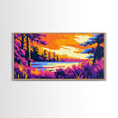 Forest Lake, Autumn Sunset, Vibrant Nature Scene, Rustic Cabin Wall Art, Cozy Home Aesthetic, Framed Canvas Print