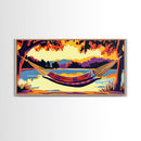 Hammock View, Relaxing Lake, Golden Sunset, Vibrant Home Decor, Framed Canvas Print, Boho Wall Art, Tranquil Nature Scene
