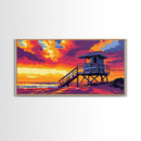 Lifeguard Tower, Beach Sunset, Coastal Landscape, Ocean Home Decor, Framed Canvas Print, Modern Wall Art, Vibrant Seaside Scene