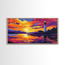 Seaside Lighthouse, Golden Sunset, Ocean Wall Art, Nautical Decor, Framed Canvas Print, Coastal Living Room Artwork, Vibrant Landscape