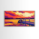 Dockside Sunset, Tranquil Lake Scene, Water Reflection Art, Nature Wall Decor, Framed Canvas Print, Rustic Home Artwork, Boho Style