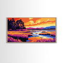 Marshland Sunset, Tranquil Water Scene, Vibrant Nature Art, Rustic Landscape Decor, Framed Canvas Print, Cabin Wall Artwork, Serene Style