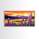Mountain Meadow, Lupine Flowers, Vibrant Sunset, Framed Canvas Print, Colorful Landscape Art, Nature Wall Decor, Boho Home Art