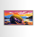 Mossy Rock, River Sunset, Nature Serenity, Framed Canvas Print, Rustic Landscape Art, Living Room Wall Decor, Boho Wilderness Art