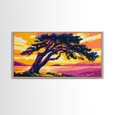 Windswept Tree, Sunset Lake, Coastal Tranquility, Framed Canvas Print, Modern Nature Wall Art, Earthy Boho Decor, Vibrant Landscape