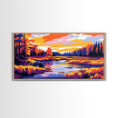Autumn River, Vibrant Fall Landscape, Warm Color Nature Art, Bold Scenic Print, Framed Canvas Print, Living Room Wall Art