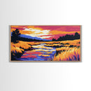 Flowing Stream, Sunset Glow, Nature Wall Art, Vibrant Scenery, Framed Canvas Print, Outdoor Enthusiast Gift, Relaxing Home Decor