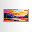Serene River, Colorful Mountain Scene, Nature Wall Art, Framed Canvas Print, Relaxing Art, Bedroom Wall Decor, Sunset Painting