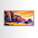Ocean Cliffs, Coastal Sunset Art, Vibrant Seascape Painting, Beach Wall Decor, Framed Canvas Print, Nautical Home Design, Office Art