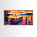 Wooden Boat, Serene Water Landscape, Calm Lake Scene, Vibrant Sunset Art, Framed Canvas Print, Living Room Wall Decor, Rustic Home Style