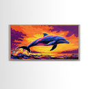 Dolphin Jumping, Ocean Wildlife Art, Vibrant Marine Scene, Playful Sea Life Painting, Framed Canvas Print, Beach House Decor, Nautical Art
