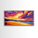 Beach, Ocean, Sunset, Framed Canvas Print, Coastal Wall Art, Seascape Painting, Vibrant Beach Scene, Relaxing Decor, Bedroom Art
