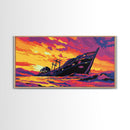 Shipwreck Sunset, Seascape Nautical, Framed Canvas Print, Vibrant Ocean Wall Art, Beach House Art, Nautical Art, Living Room Wall Art