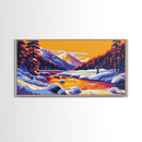 Snowy Mountains, River Sunset, Framed Canvas Print, Winter Landscape Art, Alpine Lodge Decor, Colorful Nature Art, Office Wall Art
