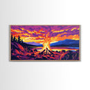 Campfire Glow, Cozy Autumn Night, Vibrant Outdoor Art, Warm Fire Scene, Framed Canvas Print, Living Room Decor, Rustic Cabin Artwork