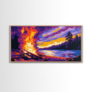 Bonfire Night, Lakefront Fire Scene, Autumn Evening Glow, Vibrant Outdoor Art, Framed Canvas Print, Man Cave Wall Decor, Cozy Home Design