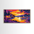Cabin Sunset, Cozy Lakeside Scene, Peaceful Evening Retreat, Vibrant Nature Art, Framed Canvas Print, Bedroom Wall Decor, Rustic Home Style