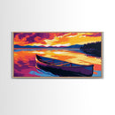 Canoe Sunset Lake, Reflection, Nature, Framed Canvas Print, Wall Art, Vibrant Landscape, Cabin Decor, Rustic Home, Outdoor Adventure