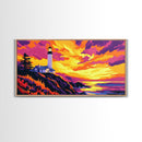 Lighthouse, Coastal Sunset, Ocean View, Nautical Wall Art, Framed Canvas Print, Beach House Decor, Seaside Painting, Vibrant Art