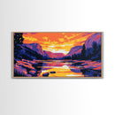 Mountain Reflection, Serene Lake, Warm Sunset, Framed Canvas Print, Bedroom Wall Art, Fall Colors, Nature Scene, Vibrant Home Decor