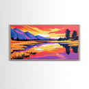 Sunset Mountain Reflection, Framed Canvas Print, Vibrant Wall Art, Colorful Nature Art, Landscape Painting, Living Room Wall Decor