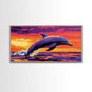 Jumping Dolphin at Sunset, Framed Canvas Print, Ocean Wall Art, Vibrant Marine Painting, Coastal Decor, Beach House Aesthetic