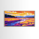 Golden Field River View, Canvas Print, Colorful Nature Art, Tranquil Landscape Painting, Boho Aesthetic, Living Room Wall Decor