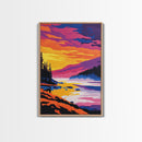 River Sunset, Misty Mountain, Tranquil Landscape, Framed Canvas Print, Nature Wall Art, Vibrant Painting, Home Office Decor, Cabin Gift