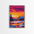 Sunset Cabin, Cozy Retreat, Rustic Nature, Framed Canvas Print, Winter Wall Art, Log Cabin Scene, Sunset Painting, Warm Color Decor