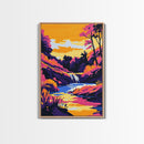 Waterfall Serenity, Vibrant Landscape, Sunset Glow, Nature Wall Art, Framed Canvas Print, Living Room Decor, Bold Colors