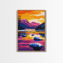 Rocky River, Majestic Mountains, Sunset Reflections, Vibrant Colors, Framed Canvas Print, Living Room Wall Art, Bold Landscape