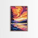 Sunset Lake, Landscape Painting, Autumn Art, Nature Wall Decor, Framed Canvas Print, Vibrant Mountain Scene, Living Room Wall Art