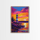 Lighthouse, Sunset, Coastal, Seascape, Framed Canvas Print, Nautical Decor, Beach House Wall Art, Vibrant Ocean Painting, Living Room Art