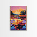 Water Lily, Sunset, Pond, Nature, Framed Canvas Print, Botanical Wall Art, Floral Painting, Bedroom Art, Serene Watercolor Vibes