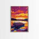 Dock, Lake, Boat, Sunset, Framed Canvas Print, Nautical Wall Art, Relaxing Lake House Decor, Living Room Art, Tranquil Scenic Painting