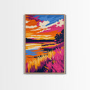 Golden Field, Sunset Glow, Autumn Landscape, Framed Canvas Print, Rustic Wall Art, Nature Painting, Living Room Decor, Warm Color Palette