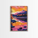 Mountain Lake, Sunset Sky, Nature Reflection, Framed Canvas Print, Cabin Decor, Bold Landscape Painting, Vibrant Scenic Artwork