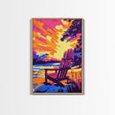 Adirondack Chair, Sunset Lake, Relaxing Art, Vacation Vibes, Framed Canvas Print, Outdoor Decor, Summer Wall Art, Nature Painting
