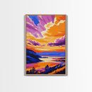 Sunset Over Cliffs, Vibrant Sky, Framed Canvas Print, Bold Landscape, Large Artwork, Living Room Art, Gift Idea, Colorful Painting