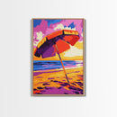 Beach Umbrella, Coastal Decor, Ocean Sunset, Relaxing Beach, Framed Canvas Print, Tropical Art, Vacation Vibes, Bedroom Wall Art