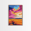 Golden Field, Sunset Sky, Framed Canvas Print, Warm Landscape Art, Country Home Decor, Colorful Painting, Cozy Aesthetic, Dining Room Art