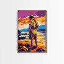 Fisherman Painting, Ocean Art, Nostalgic Scene, Sunset Coast, Framed Canvas Print, Rustic Wall Art, Vintage Aesthetic, Living Room Art